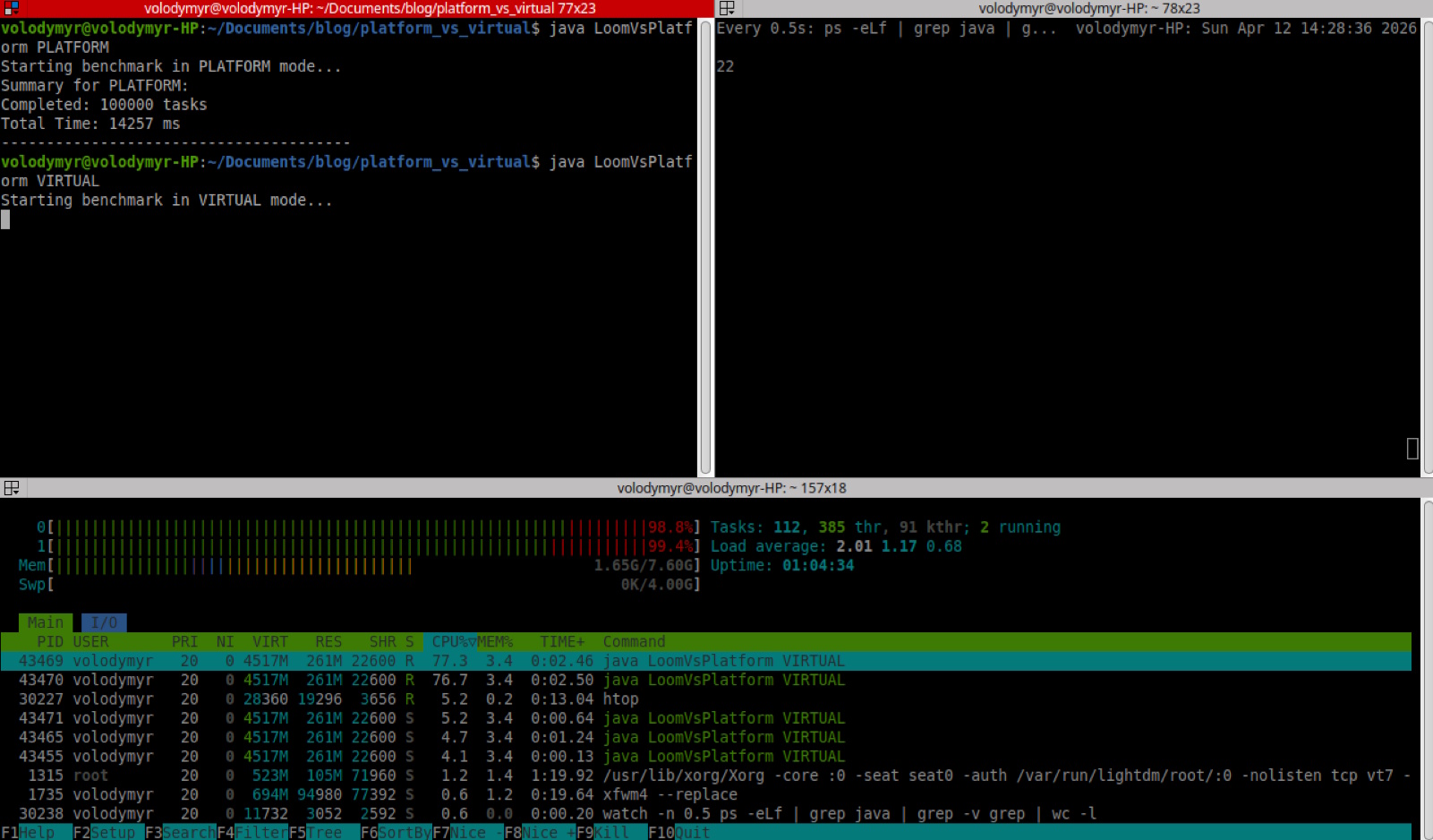 htop output from virtual threads test
